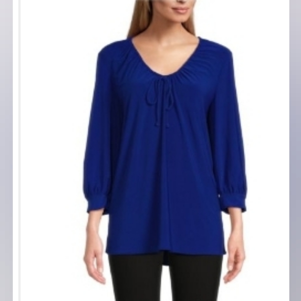 NWOT Slim Factor by Investments 3/4 Sleeve Tied V-Neck Peasant Blouse